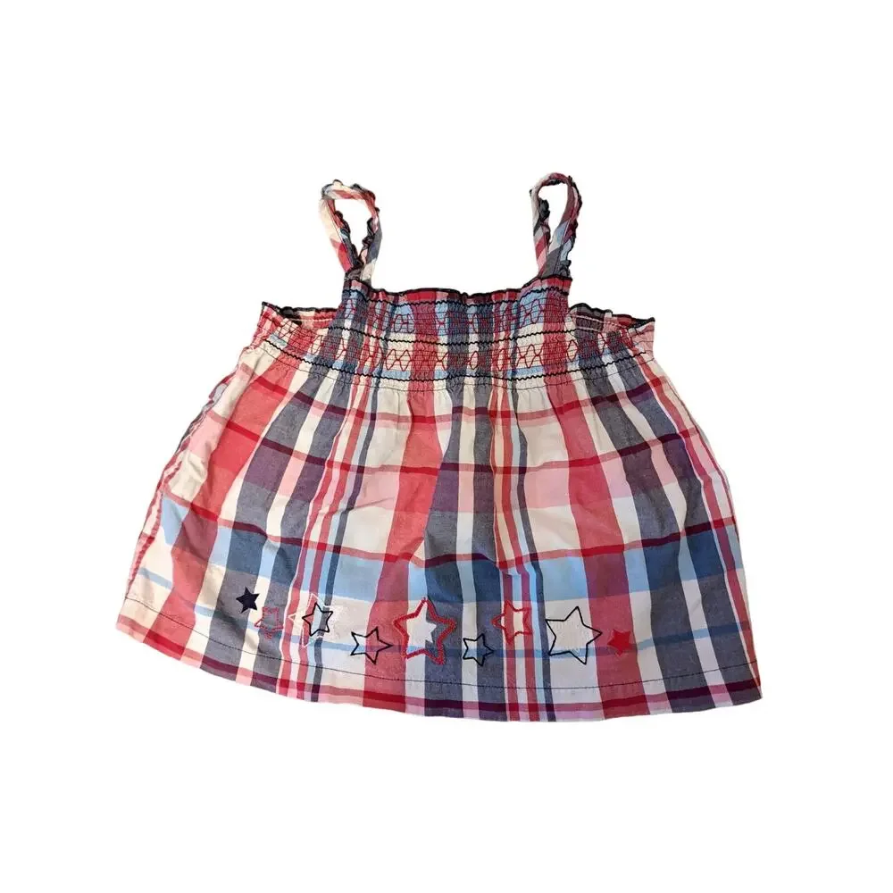 OshKosh Girls Size Shirred Red White & Blue Plaid Tank Top 5T